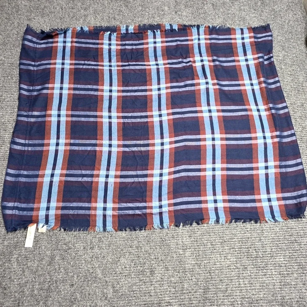 Loft Plaid Infinity Scarf Women's One Size Navy Blue Rust Orange‎ Eyelash Fringe